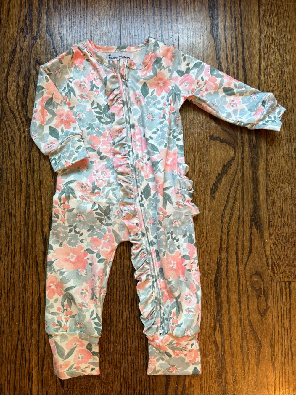 Floral Ruffle Zip One-Piece Romper in Pink and Gray